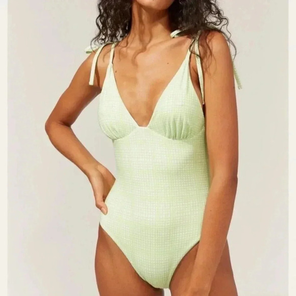 NIP Solid & Striped Olympia Pistachio Gingham Reversible One Piece Swimsuit S - Picture 2 of 6